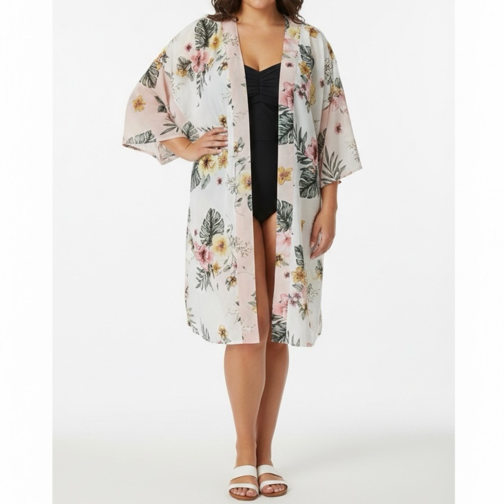 PLANET GOLD Plus Tropical Floral Kimono Cardigan Swim Beach Cover Up Duster Top